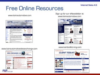 Internet Sales 4.0:

    Free Online Resources
                                     Sign up for our eNewsletter at
      www.kainautomotive.com            www.kainautomotive.com




                                        www.kaintoolkit.ning.com
www.kainautomotiveideaexchange.com




                                                                      57	
  
 