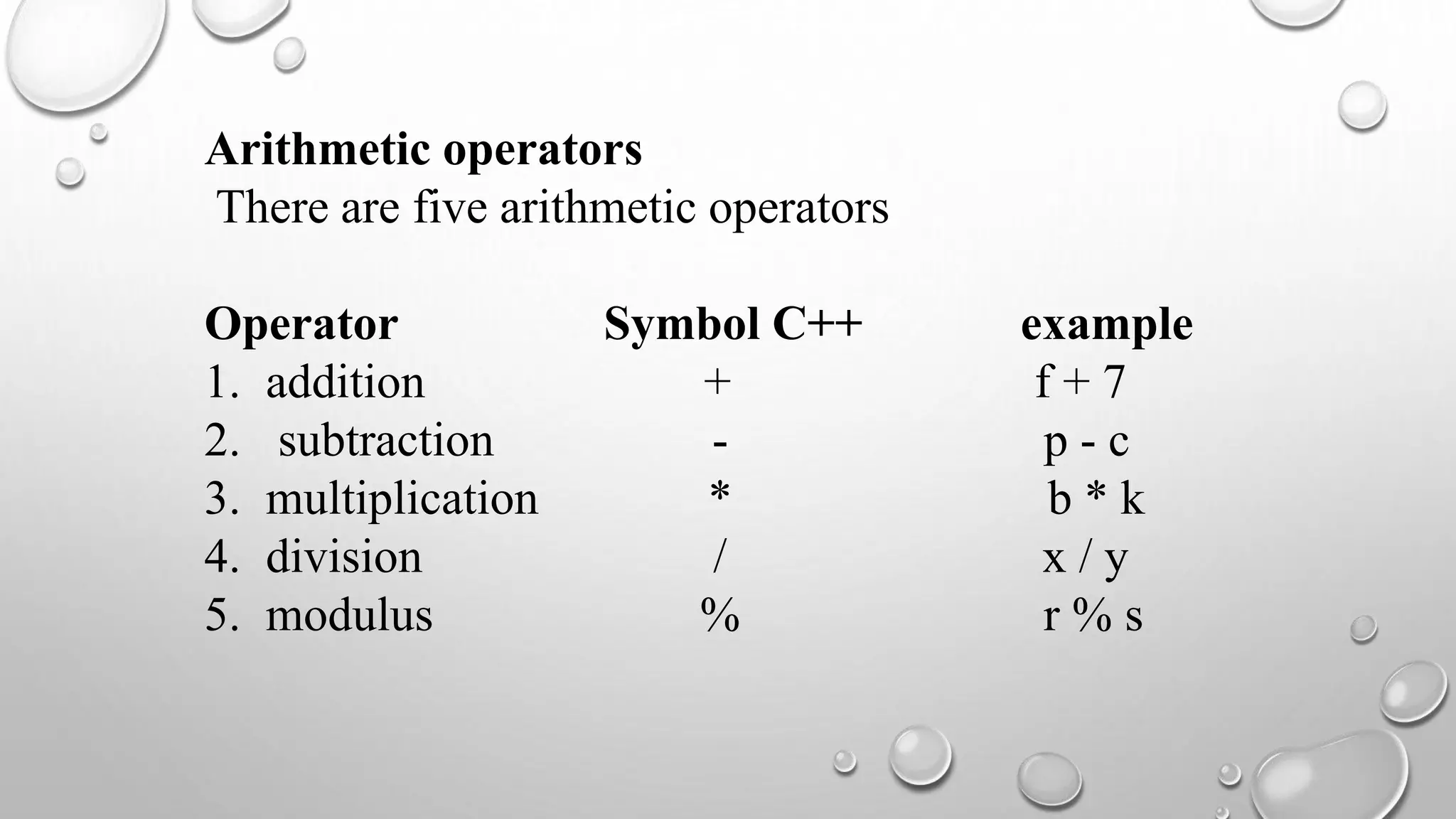 Arithmetic operators
There are five arithmetic operators
Operator Symbol C++ example
1. addition + f + 7
2. subtraction - p - c
3. multiplication * b * k
4. division / x / y
5. modulus % r % s
 