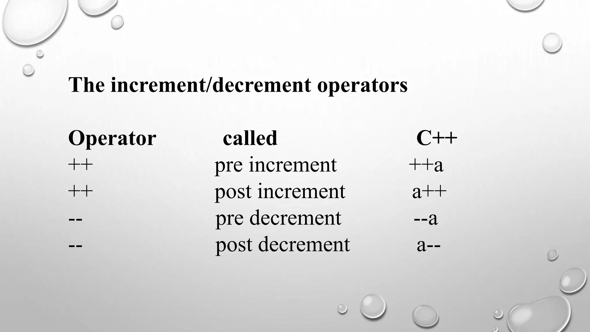 The increment/decrement operators
Operator called C++
++ pre increment ++a
++ post increment a++
-- pre decrement --a
-- post decrement a--
 