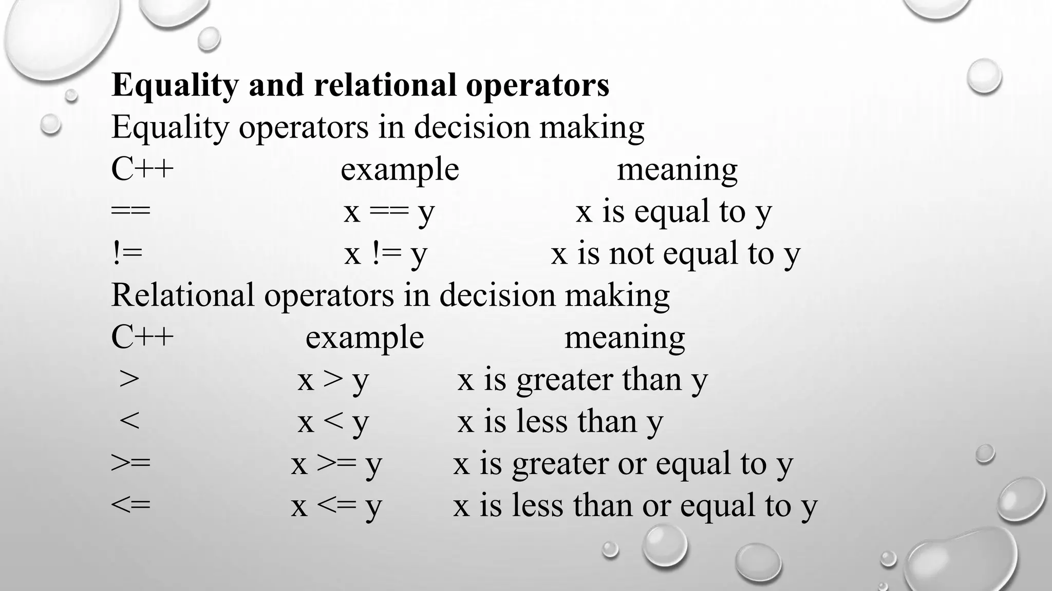 Equality and relational operators
Equality operators in decision making
C++ example meaning
== x == y x is equal to y
!= x != y x is not equal to y
Relational operators in decision making
C++ example meaning
> x > y x is greater than y
< x < y x is less than y
>= x >= y x is greater or equal to y
<= x <= y x is less than or equal to y
 