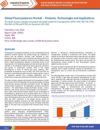 Page 1
MARKET RESEARCH REPORTS TO DEFINE THE RIGHT STRATEGY
AND EXECUTE THROUGH TO THE SUCCESS
Click here to buy the report
Global Fluoropolymers Market – Products, Technologies and Applications
The report reviews, analyzes and projects the global market for Fluoropolymers (PTFE, PVDF, FEP, PVF, ETFE,
PFA/MFA, ECTFE and PCTFE) for the period 2012-2022.
Published: June 2016
Report Code: CP042
Pages: 588
Charts: 408
Price: $5760 Single User License, $9360 Enterprise License
SUMMARY
Fluoropolymers’ exceptional properties, such as outstanding chemical
resistance, weather stability, low surface energy, low coefficient of
friction, and low dielectric constant, have attributed to their
widespread usage in sectors such as chemical processing, electrical &
electronics, automotive, building & construction and medical among
others. Global fluoropolymers demand is attributed mainly to the
robust growth in the developing regions and also continued economic
recovery in the developed nations that drives industrial investment
and growth in construction activities. PTFE is the largest
fluoropolymer in terms of volume and value. However, melt-
processable fluoropolymers such as PVDF, FEP, ETFE and ECTFE are
forecast to record fastest growth during the analysis period, owing to
the significant demand from emerging applications such as
photovoltaic modules and architectural membranes among others.
The report reviews, analyses and projects the Fluoropolymers market
for the period 2012-2022 globally and the regional markets including
North America, Europe, Asia-Pacific and Rest of World. The regional
markets further analyzed for 12 independent countries across North
America – The United States, Canada and Mexico; Europe – France,
Germany, Italy, Russia and the United Kingdom; and Asia-Pacific –
China, Japan, India and South Korea. Global volume consumption of
Fluoropolymers, standing at 223.2 thousand metric tons in 2012, is
forecast to be 281.6 thousand metric tons in 2016 and is projected to
reach 402 thousand metric tons by 2022 at a CAGR of 6.1% between
2016 and 2022. Asia-Pacific is the largest volume market for
Fluoropolymers globally, forecast to be 126.6 thousand metric tons
(45% share) in 2016 and is also likely to post the fastest 2016-2022
CAGR of 7.4% and reach a projected 194.4 thousand metric tons by
2022.
The global Fluoropolymers market report analyzes the fluoropolymer
product types comprising Polytetrafluoroethylene (PTFE),
Polyvinylidene fluoride (PVDF), Fluorinated ethylene propylene (FEP),
Perfluoroalkoxy (PFA/MFA), Polyvinyl fluoride (PVF), Ethylene
tetrafluoroethylene (ETFE), Ethylene chlorotrifluoroethylene (ECTFE)
and Polychlorotrifluoroethylene (PCTFE). The report also analyzes the
key end-use sectors of fluoropolymers including Chemical Processing,
Electrical & Electronics, Mechanical/Industrial, Automotive &
Transportation, Building & Construction and Others. The global
markets for the above mentioned product types and end-use sectors
are analyzed in terms of volume in metric tons and value in USD for
the aforementioned analysis period. This report also provides the
comprehensive market analysis of each fluoropolymer product
segment by end-use sector.
The report provides comprehensive data on fluoropolymers production
capacities which includes production capacity by manufacturer, by
fluoropolymer type, by country and by manufacturer’s production
plant.
This 588 page global market report on Fluoropolymers includes 408
charts (includes a data table and graphical representation for each
chart), supported with meaningful and easy to understand graphical
presentation, of market numbers. This report profiles 17 key global
players and 39 major players across North America – 6; Europe – 7;
and Asia-Pacific – 26. The research also provides the listing of the
companies engaged in manufacturing and processing of
Fluoropolymers. The global list of companies covers the address,
contact numbers and the website addresses of 211 companies
including subsidiaries.
Global Fluoropolymers Market Analysis (2012-2022) in Volume (Metric Tons)
2012 2017 2022
 