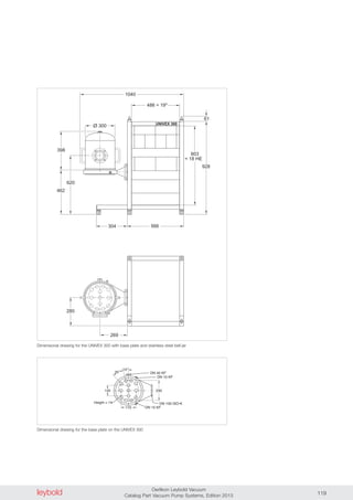 leybold Oerlikon Leybold Vacuum
Catalog Part Vacuum Pump Systems, Edition 2013 119
486 = 19"
UNIVEX 300
1040
803
= 18 HE
928
61
Ø 300
398
462
620
566304
280
269
Dimensional drawing for the UNIVEX 300 with base plate and stainless steel bell jar
120
170
Height = 14
230
30°
15°
DN 40 KF
DN 10 KF
DN 10 KF
DN 100 ISO-K
Dimensional drawing for the base plate on the UNIVEX 300
 