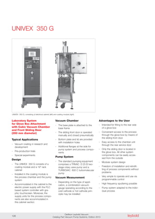 leyboldOerlikon Leybold Vacuum
Catalog Part Vacuum Pump Systems, Edition 2013126
UNIVEX 350 G
Advantages to the User
- Intended for fitting to the rear side
of a glove box
- Convenient access to the process
through the glove box by means of
the sliding front door
- Easy access to the chamber unit
through the rear service door
- Only the sliding door is located in
the glove box. All other system
components can be easily acces-
sed from the outside
- Modular system design
- Freedom of installation and retrofit-
ting of process components without
problems
- Very simple to operate and use via
programmable control
- High frequency sputtering possible
- Pump system adapted to the indivi-
dual process
Laboratory System
for Glove Box Attachment
with Cubic Vacuum Chamber
and Front Sliding Door
(350 mm diameter)
Typical Applications
- Vacuum coating in research and
development
- Pre-production trials
- Special experiments
Design
- The UNIVEX 350 G consists of a
coating module and a 19" rack
cabinet
- Installed in the coating module is
the process chamber and the pump
system
- Accommodated in the cabinet is the
electric power supply with the PLC
based system controller with gra-
phic touchscreen. Moreover, the
supply units for the process compo-
nents are also accommodated in
this cabinet section
UNIVEX 350 G, consisting of electrical cabinet (left) and coating module (right)
Vacuum Chamber
- The base plate is attached to the
base frame
- The sliding front door is operated
manually and closed pneumatically
- Bottom plate and lid are provided
with installation holes
- Additional flanges at the side for
pump system and process compo-
nents
Pump System
- The standard pumping equipment
comprises a TRIVAC D 25 B two-
stage rotary vane pump and a
TURBOVAC 600 C turbomolecular
pump
Vacuum Measurement
- Depending on the type of appli-
cation, a combination vacuum
gauge operating according to the
cold cathode or hot cathode prin-
ciple may be installed
 