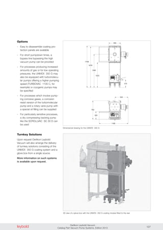 leybold Oerlikon Leybold Vacuum
Catalog Part Vacuum Pump Systems, Edition 2013 127
Options
- Easy to disassemble coating pro-
tection panels are available
- For short pumpdown times, a
bypass line bypassing the high
vacuum pump can be provided
- For processes producing increased
amounts of gas or for low operating
pressures, the UNIVEX 350 G may
also be equipped with turbomolecu-
lar pumps offering a higher pumping
speed (TURBOVAC 1100 C, for
example) or cryogenic pumps may
be specified
- For processes which involve pump-
ing corrosive gases, a corrosion
resist version of the turbomolecular
pump and a rotary vane pump with
a special oil filling can be supplied
- For particularly sensitive processes,
a dry compressing backing pump
like the SCROLLVAC SC 30 D can
be used
490
315
1708
1676
1365
1023
762
320
1189
544
Dimensional drawing for the UNIVEX 350 G
3D view of a glove box with the UNIVEX 350 G coating module fitted to the rear
Turnkey Solutions
Upon request Oerlikon Leybold
Vacuum will also arrange the delivery
of turnkey solutions consisting of the
UNIVEX 350 G coating system and a
glove box from a single source.
More information on such systems
is available upon request.
 