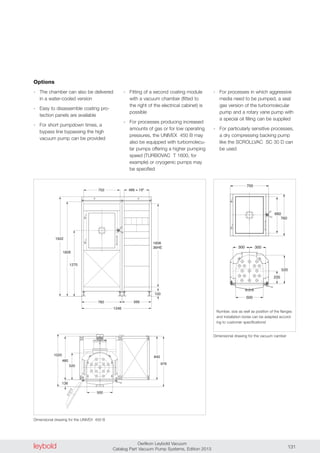 leybold Oerlikon Leybold Vacuum
Catalog Part Vacuum Pump Systems, Edition 2013 131
Options
- The chamber can also be delivered
in a water-cooled version
- Easy to disassemble coating pro-
tection panels are available
- For short pumpdown times, a
bypass line bypassing the high
vacuum pump can be provided
- Fitting of a second coating module
with a vacuum chamber (fitted to
the right of the electrical cabinet) is
possible
- For processes producing increased
amounts of gas or for low operating
pressures, the UNIVEX 450 B may
also be equipped with turbomolecu-
lar pumps offering a higher pumping
speed (TURBOVAC T 1600, for
example) or cryogenic pumps may
be specified
- For processes in which aggressive
media need to be pumped, a seal
gas version of the turbomolecular
pump and a rotary vane pump with
a special oil filling can be supplied
- For particularly sensitive processes,
a dry compressing backing pump
like the SCROLLVAC SC 30 D can
be used
Dimensional drawing for the vacuum camber
Number, size as well as position of the flanges
and installation bores can be adapted accord-
ing to customer specifications!
700
660
760
300 300
500
235
520
702 486 = 19"
1348
782 566
1606
36HE
1922
1826
1270
100
500
520
480
1020
136
840
976
Dimensional drawing for the UNIVEX 450 B
 