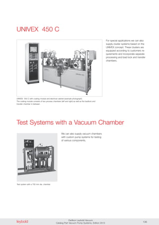 leybold Oerlikon Leybold Vacuum
Catalog Part Vacuum Pump Systems, Edition 2013 135
UNIVEX 450 C
For special applications we can also
supply cluster systems based on the
UNIVEX concept. These clusters are
equipped according to customers re-
quirements and incorporate separate
processing and load lock and transfer
chambers.
UNIVEX 450 C with coating module and electrical cabinet (example photograph).
The coating module consists of two process chambers (left and right) as well as the loadlock and
transfer chamber in between
Test Systems with a Vacuum Chamber
We can also supply vacuum chambers
with custom pump systems for testing
of various components.
Test system with a 700 mm dia. chamber
 