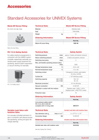 leyboldOerlikon Leybold Vacuum
Catalog Part Vacuum Pump Systems, Edition 2013136
Technical Data
Material
Seal
Weight kg
Stainless steel
FPM (FKM)
0.1
Ordering Information
Blank-off screw fitting
Part No.
030 40
Blank-off screw fitting
Standard Accessories for UNIVEX Systems
Blank-Off Screw Fitting
For 34.5 mm dia. hole.
Blank-Off Screw Fitting
Blank-Off Screw Fitting
Technical Data
Switching pressure mbar
Return switching pressure mbar
Switching inaccuracy mbar
Max. permissible operating pressure (abs.)
mbar
Storage temperature range °C
Nominal temperature range °C
Switching contact
Contact life
Switching capacity mA / V AC
mA / V AC
Electrical connection
Vacuum connection DN
Materials in contact with the medium
Protection class IP
approx. 6 below atmospheric pressure
3 below atmospheric pressure
2
2000
-25 to +85
0 to +85
Changeover contacts, gold-plated,
for prog. controls
> 105 switching cycles
100 / 24
30 / 24
6.3 mm flat plug
16 ISO-KF
Stainless steel 1.4305, 1.4310,
Stainless steel 1.4300 PTFE coated
44
Ordering Information
Low pressure safety switch
PS 113 A, DN 16 ISO-KF;
complete with 3 m long cable
Part No.
230 011
PS 113 A Safety Switch
PS 113 A Safety Switch
For safety interlock arrangements in
connection with the UNIVEX system
controller, respectively optionally con-
nected power supply equipment (for
sputtering, electron-beam evaporation
or vacuum etching, for example).
Safety Switch
Safety Switch
Technical Data
Gas admission rate qL mbar x l x s-1
Connection flange DN
5 x 10-6 to 1 x 103
16 ISO-KF
Ordering Information
Variable leak valve with isolation valve
(see also Catalog Part “Valves”)
Part No.
215 010
Variable Leak Valve with
Isolation Valve
For manually controlled admission of
gas in connection with plasma proces-
ses (sputtering, etching and glow dis-
charge cleaning).
Variable Leak Valve with Isolation Valve
Variable Leak Valve with Isolation Valve
Accessories
 