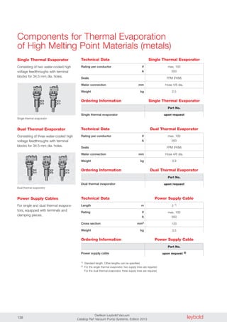 leyboldOerlikon Leybold Vacuum
Catalog Part Vacuum Pump Systems, Edition 2013138
Technical Data
Rating per conductor V
A
Seals
Water connection mm
Weight kg
max. 100
500
FPM (FKM)
Hose 4/6 dia.
2.5
Ordering Information
Single thermal evaporator
Part No.
upon request
Single thermal evaporator
Components for Thermal Evaporation
of High Melting Point Materials (metals)
Single Thermal Evaporator
Consisting of two water-cooled high
voltage feedthroughs with terminal
blocks for 34.5 mm dia. holes.
Technical Data
Rating per conductor V
A
Seals
Water connection mm
Weight kg
max. 100
500
FPM (FKM)
Hose 4/6 dia.
3.9
Ordering Information
Dual thermal evaporator
Part No.
upon request
Dual thermal evaporator
Dual Thermal Evaporator
Consisting of three water-cooled high
voltage feedthroughs with terminal
blocks for 34.5 mm dia. holes.
Technical Data
Length m
Rating V
A
Cross section mm2
Weight kg
2 1)
max. 100
500
120
3.5
Ordering Information
Power supply cable
1) Standard length. Other lengths can be specified
2) For the single thermal evaporator, two supply lines are required
For the dual thermal evaporator, three supply lines are required
Part No.
upon request 2)
Power Supply Cables
For single and dual thermal evapora-
tors, equipped with terminals and
clamping pieces.
Single Thermal Evaporator
Dual Thermal Evaporator
Power Supply Cable
Single Thermal Evaporator
Dual Thermal Evaporator
Power Supply Cable
 
