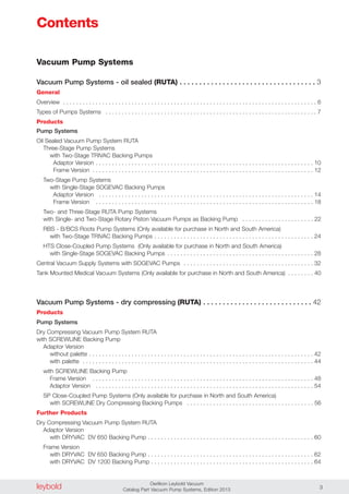 Vacuum Pump Systems
Vacuum Pump Systems - oil sealed (RUTA) . . . . . . . . . . . . . . . . . . . . . . . . . . . . . . . . . . . 3
General
Overview . . . . . . . . . . . . . . . . . . . . . . . . . . . . . . . . . . . . . . . . . . . . . . . . . . . . . . . . . . . . . . . . . . . . . . . . . . . . . . 6
Types of Pumps Systems . . . . . . . . . . . . . . . . . . . . . . . . . . . . . . . . . . . . . . . . . . . . . . . . . . . . . . . . . . . . . . . . . 7
Products
Pump Systems
Oil Sealed Vacuum Pump System RUTA
Three-Stage Pump Systems
with Two-Stage TRIVAC Backing Pumps
Adaptor Version . . . . . . . . . . . . . . . . . . . . . . . . . . . . . . . . . . . . . . . . . . . . . . . . . . . . . . . . . . . . . . . . . . . 10
Frame Version . . . . . . . . . . . . . . . . . . . . . . . . . . . . . . . . . . . . . . . . . . . . . . . . . . . . . . . . . . . . . . . . . . . . 12
Two-Stage Pump Systems
with Single-Stage SOGEVAC Backing Pumps
Adaptor Version . . . . . . . . . . . . . . . . . . . . . . . . . . . . . . . . . . . . . . . . . . . . . . . . . . . . . . . . . . . . . . . . . . 14
Frame Version . . . . . . . . . . . . . . . . . . . . . . . . . . . . . . . . . . . . . . . . . . . . . . . . . . . . . . . . . . . . . . . . . . . 18
Two- and Three-Stage RUTA Pump Systems
with Single- and Two-Stage Rotary Piston Vacuum Pumps as Backing Pump . . . . . . . . . . . . . . . . . . . . . . 22
RBS - B/BCS Roots Pump Systems (Only available for purchase in North and South America)
with Two-Stage TRIVAC Backing Pumps . . . . . . . . . . . . . . . . . . . . . . . . . . . . . . . . . . . . . . . . . . . . . . . . . 24
HTS Close-Coupled Pump Systems (Only available for purchase in North and South America)
with Single-Stage SOGEVAC Backing Pumps . . . . . . . . . . . . . . . . . . . . . . . . . . . . . . . . . . . . . . . . . . . . . 28
Central Vacuum Supply Systems with SOGEVAC Pumps . . . . . . . . . . . . . . . . . . . . . . . . . . . . . . . . . . . . . . . . 32
Tank Mounted Medical Vacuum Systems (Only available for purchase in North and South America) . . . . . . . . 40
Vacuum Pump Systems - dry compressing (RUTA) . . . . . . . . . . . . . . . . . . . . . . . . . . . . 42
Products
Pump Systems
Dry Compressing Vacuum Pump System RUTA
with SCREWLINE Backing Pump
Adaptor Version
without palette . . . . . . . . . . . . . . . . . . . . . . . . . . . . . . . . . . . . . . . . . . . . . . . . . . . . . . . . . . . . . . . . . . . . . 42
with palette . . . . . . . . . . . . . . . . . . . . . . . . . . . . . . . . . . . . . . . . . . . . . . . . . . . . . . . . . . . . . . . . . . . . . . . 44
with SCREWLINE Backing Pump
Frame Version . . . . . . . . . . . . . . . . . . . . . . . . . . . . . . . . . . . . . . . . . . . . . . . . . . . . . . . . . . . . . . . . . . . . 48
Adaptor Version . . . . . . . . . . . . . . . . . . . . . . . . . . . . . . . . . . . . . . . . . . . . . . . . . . . . . . . . . . . . . . . . . . . 54
SP Close-Coupled Pump Systems (Only available for purchase in North and South America)
with SCREWLINE Dry Compressing Backing Pumps . . . . . . . . . . . . . . . . . . . . . . . . . . . . . . . . . . . . . . . 56
Further Products
Dry Compressing Vacuum Pump System RUTA
Adaptor Version
with DRYVAC DV 650 Backing Pump . . . . . . . . . . . . . . . . . . . . . . . . . . . . . . . . . . . . . . . . . . . . . . . . . . . 60
Frame Version
with DRYVAC DV 650 Backing Pump . . . . . . . . . . . . . . . . . . . . . . . . . . . . . . . . . . . . . . . . . . . . . . . . . . . 62
with DRYVAC DV 1200 Backing Pump . . . . . . . . . . . . . . . . . . . . . . . . . . . . . . . . . . . . . . . . . . . . . . . . . . 64
Contents
leybold Oerlikon Leybold Vacuum
Catalog Part Vacuum Pump Systems, Edition 2013 3
 