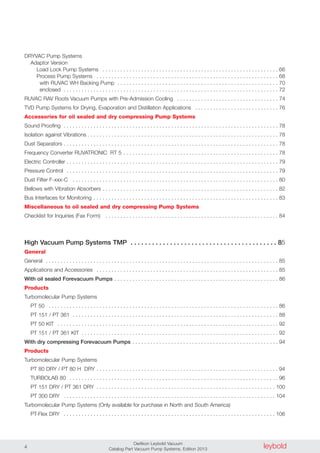 leyboldOerlikon Leybold Vacuum
Catalog Part Vacuum Pump Systems, Edition 20134
DRYVAC Pump Systems
Adaptor Version
Load Lock Pump Systems . . . . . . . . . . . . . . . . . . . . . . . . . . . . . . . . . . . . . . . . . . . . . . . . . . . . . . . . . . . 66
Process Pump Systems . . . . . . . . . . . . . . . . . . . . . . . . . . . . . . . . . . . . . . . . . . . . . . . . . . . . . . . . . . . . . 68
with RUVAC WH Backing Pump . . . . . . . . . . . . . . . . . . . . . . . . . . . . . . . . . . . . . . . . . . . . . . . . . . . . . . 70
enclosed . . . . . . . . . . . . . . . . . . . . . . . . . . . . . . . . . . . . . . . . . . . . . . . . . . . . . . . . . . . . . . . . . . . . . . . . 72
RUVAC RAV Roots Vacuum Pumps with Pre-Admission Cooling . . . . . . . . . . . . . . . . . . . . . . . . . . . . . . . . . . 74
TVD Pump Systems for Drying, Evaporation and Distillation Applications . . . . . . . . . . . . . . . . . . . . . . . . . . . . 76
Accessories for oil sealed and dry compressing Pump Systems
Sound Proofing . . . . . . . . . . . . . . . . . . . . . . . . . . . . . . . . . . . . . . . . . . . . . . . . . . . . . . . . . . . . . . . . . . . . . . . . 78
Isolation against Vibrations . . . . . . . . . . . . . . . . . . . . . . . . . . . . . . . . . . . . . . . . . . . . . . . . . . . . . . . . . . . . . . . . 78
Dust Separators . . . . . . . . . . . . . . . . . . . . . . . . . . . . . . . . . . . . . . . . . . . . . . . . . . . . . . . . . . . . . . . . . . . . . . . . 78
Frequency Converter RUVATRONIC RT 5 . . . . . . . . . . . . . . . . . . . . . . . . . . . . . . . . . . . . . . . . . . . . . . . . . . . . 78
Electric Controller . . . . . . . . . . . . . . . . . . . . . . . . . . . . . . . . . . . . . . . . . . . . . . . . . . . . . . . . . . . . . . . . . . . . . . . 79
Pressure Control . . . . . . . . . . . . . . . . . . . . . . . . . . . . . . . . . . . . . . . . . . . . . . . . . . . . . . . . . . . . . . . . . . . . . . . 79
Dust Filter F-xxx-C . . . . . . . . . . . . . . . . . . . . . . . . . . . . . . . . . . . . . . . . . . . . . . . . . . . . . . . . . . . . . . . . . . . . . 80
Bellows with Vibration Absorbers . . . . . . . . . . . . . . . . . . . . . . . . . . . . . . . . . . . . . . . . . . . . . . . . . . . . . . . . . . . 82
Bus Interfaces for Monitoring . . . . . . . . . . . . . . . . . . . . . . . . . . . . . . . . . . . . . . . . . . . . . . . . . . . . . . . . . . . . . . 83
Miscellaneous to oil sealed and dry compressing Pump Systems
Checklist for Inquiries (Fax Form) . . . . . . . . . . . . . . . . . . . . . . . . . . . . . . . . . . . . . . . . . . . . . . . . . . . . . . . . . . 84
High Vacuum Pump Systems TMP . . . . . . . . . . . . . . . . . . . . . . . . . . . . . . . . . . . . . . . . . 85
General
General . . . . . . . . . . . . . . . . . . . . . . . . . . . . . . . . . . . . . . . . . . . . . . . . . . . . . . . . . . . . . . . . . . . . . . . . . . . . . . 85
Applications and Accessories . . . . . . . . . . . . . . . . . . . . . . . . . . . . . . . . . . . . . . . . . . . . . . . . . . . . . . . . . . . . . 85
With oil sealed Forevacuum Pumps . . . . . . . . . . . . . . . . . . . . . . . . . . . . . . . . . . . . . . . . . . . . . . . . . . . . . . . 86
Products
Turbomolecular Pump Systems
PT 50 . . . . . . . . . . . . . . . . . . . . . . . . . . . . . . . . . . . . . . . . . . . . . . . . . . . . . . . . . . . . . . . . . . . . . . . . . . . . . 86
PT 151 / PT 361 . . . . . . . . . . . . . . . . . . . . . . . . . . . . . . . . . . . . . . . . . . . . . . . . . . . . . . . . . . . . . . . . . . . . . 88
PT 50 KIT . . . . . . . . . . . . . . . . . . . . . . . . . . . . . . . . . . . . . . . . . . . . . . . . . . . . . . . . . . . . . . . . . . . . . . . . . . 92
PT 151 / PT 361 KIT . . . . . . . . . . . . . . . . . . . . . . . . . . . . . . . . . . . . . . . . . . . . . . . . . . . . . . . . . . . . . . . . . . 92
With dry compressing Forevacuum Pumps . . . . . . . . . . . . . . . . . . . . . . . . . . . . . . . . . . . . . . . . . . . . . . . . . 94
Products
Turbomolecular Pump Systems
PT 80 DRY / PT 80 H DRY . . . . . . . . . . . . . . . . . . . . . . . . . . . . . . . . . . . . . . . . . . . . . . . . . . . . . . . . . . . . . 94
TURBOLAB 80 . . . . . . . . . . . . . . . . . . . . . . . . . . . . . . . . . . . . . . . . . . . . . . . . . . . . . . . . . . . . . . . . . . . . . . 96
PT 151 DRY / PT 361 DRY . . . . . . . . . . . . . . . . . . . . . . . . . . . . . . . . . . . . . . . . . . . . . . . . . . . . . . . . . . . . 100
PT 300 DRY . . . . . . . . . . . . . . . . . . . . . . . . . . . . . . . . . . . . . . . . . . . . . . . . . . . . . . . . . . . . . . . . . . . . . . . 104
Turbomolecular Pump Systems (Only available for purchase in North and South America)
PT-Flex DRY . . . . . . . . . . . . . . . . . . . . . . . . . . . . . . . . . . . . . . . . . . . . . . . . . . . . . . . . . . . . . . . . . . . . . . . 106
 