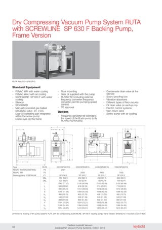 leyboldOerlikon Leybold Vacuum
Catalog Part Vacuum Pump Systems, Edition 201352
Dry Compressing Vacuum Pump System RUTA
with SCREWLINE SP 630 F Backing Pump,
Frame Version
DN1
DN2
b
b1
h1
h
b2l1
l
h2
l2 b3
Standard Equipment
- RUVAC WH with water cooling
- RUVAC WAU with air cooling
- SCREWLINE SP 630 F with water
cooling
- Silencer
- SP-GUARD
- Manually operated gas ballast
- SECUVAC valve 24 V DC
- Gear oil collecting pan integrated
within the screw pump
- Crane eyes on the frame
- Floor mounting
- Gear oil supplied with the pump
- RUVAC WH including external
frequency converter (frequency
converter permits pumping speed
control)
- CE approval
Options
- Frequency converter for controlling
the speed of the Roots pump (only
RUVAC RA/WA/WS)
- Condensate drain valve at the
silencer
- Sound proofing box
- Vibration absorbers
- Different types of floor mounts
- Oil drain valve on each pump
- Electric control systems
- Non-return valve
- Screw pump with air cooling
RUTA WAU2001/SP630F/G
Dimensional drawing of the pump systems RUTA with dry compressing SCREWLINE SP 630 F backing pump, frame version; dimensions in brackets ( ) are in inch
Type RUTA 2001/SP630F/G 2500/SP630F/G 4400/SP630F/G 7000/SP630F/G
RUVAC WA/WAU/WS/WSU P2 2001 – – –
RUVAC WH P2 – 2500 4400 7000
Backing pump SCREWLINE P1 SP 630 F SP 630 F SP 630 F SP 630 F
DN1 160 ISO-K 250 ISO-K 250 ISO-K 320 ISO-K
DN2 100 ISO-K 63 ISO-K 100 ISO-K 100 ISO-K
l 1960 (77.17) 2100 (82.68) 2100 (82.68) 2100 (82.68)
l1 600 (23.62) 819 (32.24) 719 (28.31) 719 (28.31)
l2 895 (35.24) 1012 (39.84) 1012 (39.84) 1012 (39.84)
b 1056 (41.58) 1068 (42.05) 1068 (42.05) 1068 (42.05)
b1 400 (15.75) 400 (15.75) 400 (15.75) 400 (15.75)
b2 546 (21.50) 548 (21.58) 548 (21.58) 548 (21.58)
b3 800 (31.50) 800 (31.50) 800 (31.50) 800 (31.50)
h 1784 (70.24) 1834 (72.21) 1915 (75.39) 1923 (75.71)
h1 1388 (54.65) 1388 (54.65) 1388 (54.65) 1388 (54.65)
h2 1254 (49.37) 1410 (55.51) 1410 (55.51) 1410 (55.51)
DN1
DN2
b
b1
h1
h
b2
h2
b3
l1
l
l2
 