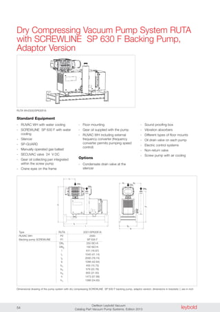 leyboldOerlikon Leybold Vacuum
Catalog Part Vacuum Pump Systems, Edition 201354
Dry Compressing Vacuum Pump System RUTA
with SCREWLINE SP 630 F Backing Pump,
Adaptor Version
h
l1
l
b
b1 b2
b3
h1
DN1 DN1
DN2
DN2
l2
Standard Equipment
- RUVAC WH with water cooling
- SCREWLINE SP 630 F with water
cooling
- Silencer
- SP-GUARD
- Manually operated gas ballast
- SECUVAC valve 24 V DC
- Gear oil collecting pan integrated
within the screw pump
- Crane eyes on the frame
- Floor mounting
- Gear oil supplied with the pump
- RUVAC WH including external
frequency converter (frequency
converter permits pumping speed
control)
Options
- Condensate drain valve at the
silencer
- Sound proofing box
- Vibration absorbers
- Different types of floor mounts
- Oil drain valve on each pump
- Electric control systems
- Non-return valve
- Screw pump with air cooling
RUTA WH2500/SP630F/A
Dimensional drawing of the pump system with dry compressing SCREWLINE SP 630 F backing pump, adaptor version; dimensions in brackets ( ) are in inch
Type RUTA 2001/SP630F/A
RUVAC WH P2 2500
Backing pump SCREWLINE P1 SP 630 F
DN1 250 ISO-K
DN2 100 ISO-K
l 431 (16.97)
l1 1045 (41.14)
l2 2000 (78.74)
b 1088 (42.84)
b1 400 (15.75)
b2 578 (22.76)
b3 800 (31.50)
h 1473 (57.99)
h1 1388 (54.65)
 