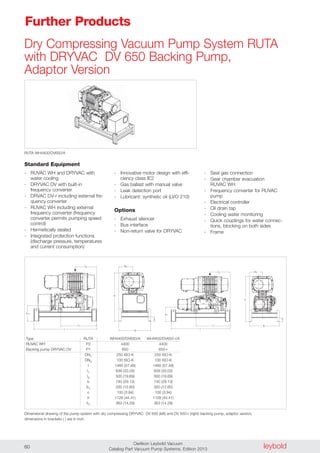 leyboldOerlikon Leybold Vacuum
Catalog Part Vacuum Pump Systems, Edition 201360
Dry Compressing Vacuum Pump System RUTA
with DRYVAC DV 650 Backing Pump,
Adaptor Version
l2
l
l1
b1
c
1h
h
b
Standard Equipment
- RUVAC WH and DRYVAC with
water cooling
- DRYVAC DV with built-in
frequency converter
- DRVAC DV-r including external fre-
quency converter
- RUVAC WH including external
frequency converter (frequency
converter permits pumping speed
control)
- Hermetically sealed
- Integrated protection functions
(discharge pressure, temperatures
and current consumption)
- Innovative motor design with effi-
ciency class IE2
- Gas ballast with manual valve
- Leak detection port
- Lubricant: synthetic oil (LVO 210)
Options
- Exhaust silencer
- Bus interface
- Non-return valve for DRYVAC
- Seal gas connection
- Gear chamber evacuation
RUVAC WH
- Frequency converter for RUVAC
pump
- Electrical controller
- Oil drain tap
- Cooling water monitoring
- Quick couplings for water connec-
tions, blocking on both sides
- Frame
RUTA WH4400/DV650/A
Dimensional drawing of the pump system with dry compressing DRYVAC DV 650 (left) and DV 650-r (right) backing pump, adaptor version;
dimensions in brackets ( ) are in inch
Type RUTA WH4400/DV650/A WH4400/DV650-r/A
RUVAC WH P2 4400 4400
Backing pump DRYVAC DV P1 650 650-r
DN1 250 ISO-K 250 ISO-K
DN2 100 ISO-K 100 ISO-K
l 1460 (57.48) 1460 (57.48)
l1 839 (33.03) 839 (33.03)
l2 500 (19.69) 500 (19.69)
b 740 (29.13) 740 (29.13)
b1 320 (12.60) 320 (12.60)
c 100 (3.94) 100 (3.94)
h 1128 (44.41) 1128 (44.41)
h1 363 (14.29) 363 (14.29)
l2
l
l1
b1
c
1h
h
b
Further Products
 