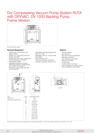 leyboldOerlikon Leybold Vacuum
Catalog Part Vacuum Pump Systems, Edition 201364
Dry Compressing Vacuum Pump System RUTA
with DRYVAC DV 1200 Backing Pump,
Frame Version
Standard Equipment
- RUVAC WH and DRYVAC with
water cooling
- DRVAC DV 1200 with built-in fre-
quency converter
- RUVAC WH with water cooling and
external frequency converter
- Hermetically sealed
- Integrated protection functions
(discharge pressure, temperatures
and current consumption)
- Innovative motor design with effi-
ciency class IE2
- Gas ballast with electropneumatic
valve 24 V DC
- Integrated valve 24 V DC for seal
gas supply
- Leak detection port
- Control via Profibus (DRYVAC)
- Lubricant: synthetic oil (LVO 210)
Options
- Exhaust silencer
- Bus interface
- Non-return valve for DRYVAC
- Seal gas connection
- Gear chamber evacuation
- Electrical controller
- Oil drain tap
- Cooling water monitoring
- Quick couplings for water connec-
tions, blocking on both sides
RUTA WH7000/DV1200/G
Dimensional drawing of the pump system with dry compressing DRYVAC DV 1200, frame version; dimensions in brackets ( ) are in inch
Type RUTA WH7000/DV1200/G
RUVAC WH P2 7000
Backing pump DRYVAC DV P1 1200
DN1 320 ISO-K
DN2 100 ISO-K
l 1700 (66.93)
l1 752 (29.61)
l2 81 (3.19)
b 870 (34.25)
b1 870 (34.25)
b2 122 (4.80)
b3 489 (19.25)
h 2043 (80.43)
h1 1638 (64.49)
h2 546 (21.50)
A
View A
l
l2
bb1
l
l1
h
h1
h2
b2
b3
 