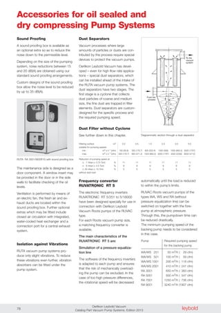 leyboldOerlikon Leybold Vacuum
Catalog Part Vacuum Pump Systems, Edition 201378
Accessories for oil sealed and
dry compressing Pump Systems
RUTA RA 3001/S630F/G with sound proofing box
Diagrammatic section through a dust separator
Filtering surface m2 0.2 0.5 1.0 2.0 3.0 5.0
suitable for pumping speeds
min. m3 x h-1 (cfm) 100 (58.9) 300 (176.7) 600 (353.4) 1000 (589) 1500 (883.5) 3000 (1767)
max. m3 x h-1 (cfm) 300 (176.7) 800 (471.2) 1500 (883.5) 3000 (1767) 4000 (2356) 8000 (4712)
Reduction of pumping speed at
� 01 mbar (< 0.75 Torr) % 11 11 11 11 11 11
� 06 mbar (< 4.5 Torr) % 9 9 9 9 9 9
� 20 mbar (< 15 Torr) % 5 5 5 5 5 5
without dust load
Sound Proofing
A sound proofing box is available as
an optional extra so as to reduce the
noise down to the permissible level.
Depending on the size of the pumping
system, noise reductions between 15
and 20 dB(A) are obtained using our
standard sound proofing arrangements.
Custom designs of the sound proofing
box allow the noise level to be reduced
by up to 35 dB(A).
The maintenance side is designed as a
door component. A window insert may
be provided in the door or in the side
walls to facilitate checking of the oil
levels.
Ventilation is performed by means of
an electric fan, the fresh air and ex-
haust ducts are located within the
sound proofing box. Further optional
extras which may be fitted include
closed air circulation with integrated,
water-cooled heat exchanger and a
connection port for a central exhaust
system.
Isolation against Vibrations
RUTA vacuum pump systems pro-
duce only slight vibrations. To reduce
these vibrations even further, vibration
absorbers can be fitted under the
pump system.
Dust Separators
Vacuum processes where large
amounts of particles or dusts are con-
tributed by the process require special
devices to protect the vacuum pumps.
Oerlikon Leybold Vacuum has devel-
oped – even for high flow rate applica-
tions – special dust separators, which
can be installed ahead of the intake of
the RUTA vacuum pump systems. The
dust separators have two stages. The
first stage is a cyclone that collects
dust particles of coarse and medium
size, the fine dust are trapped in filter
elements. Dust separators are custom-
designed for the specific process and
the required pumping speed.
Dust Filter without Cyclone
See further down in this chapter.
Frequency converter
RUVATRONIC RT 5
The electronic frequency inverters
RUVATRONIC RT 5/251 to 5/16000
have been designed specially for use in
connection with Oerlikon Leybold
Vacuum Roots pumps of the RUVAC
type.
For each Roots vacuum pump size,
a matching frequency converter is
available.
The main characteristics of the
RUVATRONIC RT 5 are:
Simulation of a pressure equaliza-
tion line
The software of the frequency inverters
is adapted to each pump and ensures
that the risk of mechanically overload-
ing the pump can be excluded. In the
case of too high pressure differences,
the rotational speed will be decreased
automatically until the load is reduced
to within the pump’s limits.
RUVAC Roots vacuum pumps of the
types WA, WS and RA (without
pressure equalization line) can be
switched on together with the fore-
pump at atmospheric pressure.
Through this, the pumpdown time can
be reduced drastically.
The minimum pumping speed of the
backing pump needs to be considered
in this case.
Pump Required pumping speed
for the backing pump
WA/WS 0251 0050 m3/h (0029 cfm)
WA/WS 0501 0100 m3/h (0059 cfm)
WA/WS 1001 0200 m3/h (0118 cfm)
WA/WS 2001 0410 m3/h (0241 cfm)
RA 3001 0650 m3/h (0383 cfm)
RA 5001 0930 m3/h (0547 cfm)
RA 7001 1250 m3/h (0736 cfm)
RA 9001 3240 m3/h (1907 cfm)
 