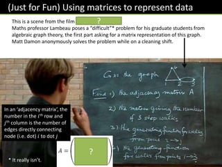 (Just for Fun) Using matrices to represent data
This is a scene from the film Good Will Hunting.
Maths professor Lambeau poses a “difficult”* problem for his graduate students from
algebraic graph theory, the first part asking for a matrix representation of this graph.
Matt Damon anonymously solves the problem while on a cleaning shift.
* It really isn’t.
?
In an ‘adjacency matrix’, the
number in the 𝑖th row and
𝑗th column is the number of
edges directly connecting
node (i.e. dot) 𝑖 to dot 𝑗
?
 