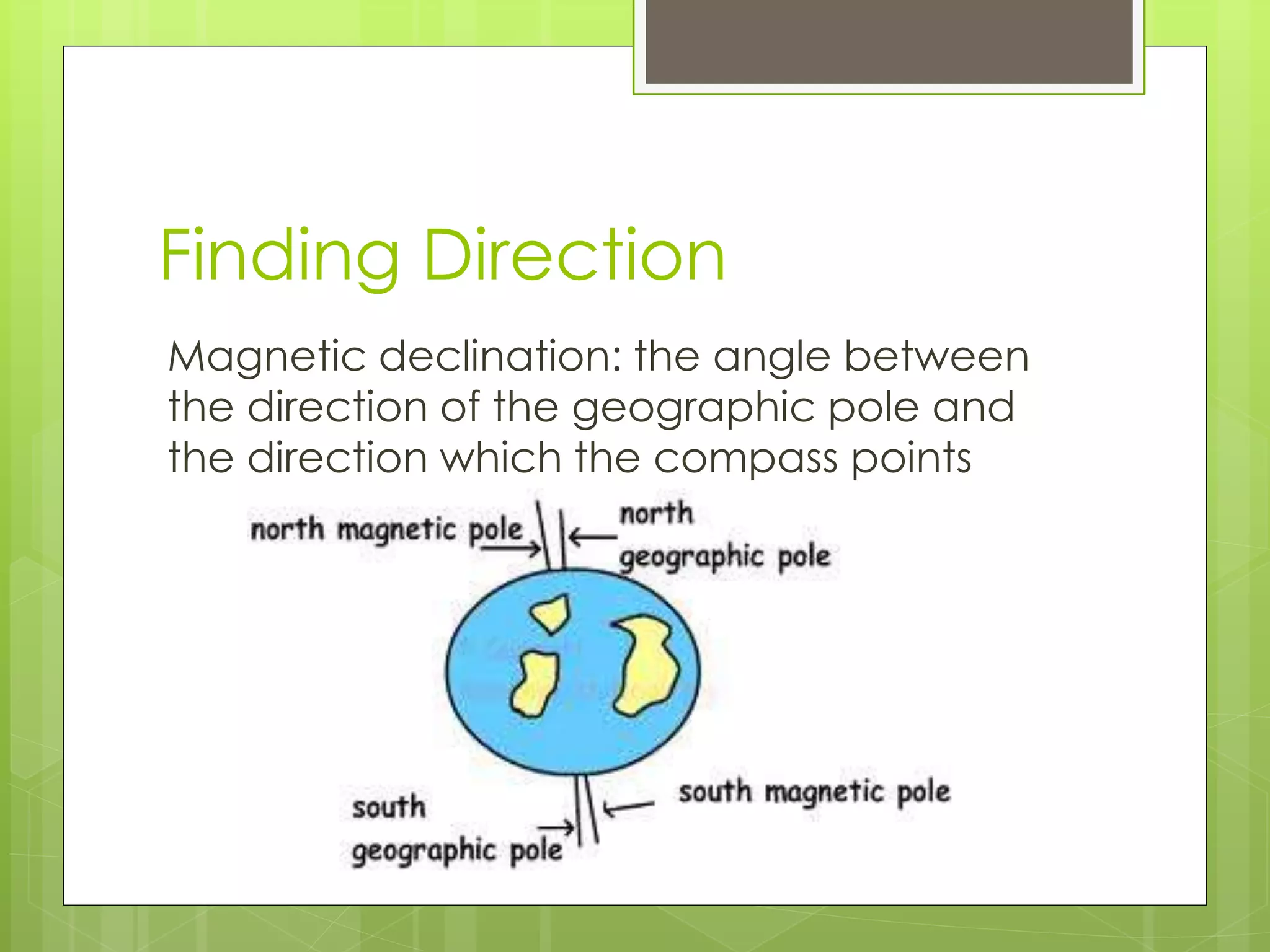 Finding Direction 
Magnetic declination: the angle between 
the direction of the geographic pole and 
the direction which the compass points 
 