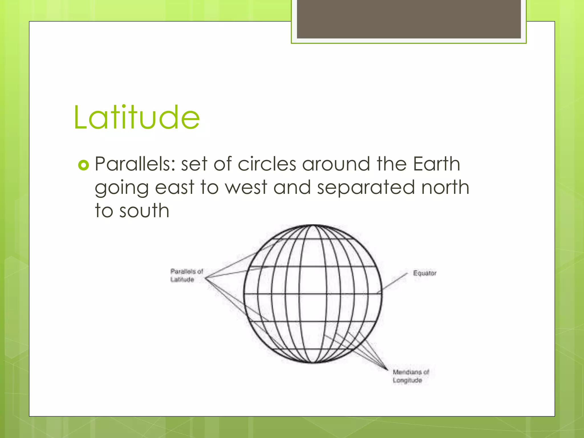 Latitude 
 Parallels: set of circles around the Earth 
going east to west and separated north 
to south 
 
