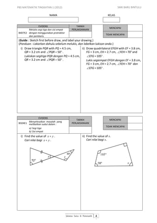 PBS MATEMATIK TINGKATAN 1 (2012)                                                      SMK BARU BINTULU

                            NAMA                                              KELAS


                EVIDENS                            TARIKH
                                                                               MENCAPAI
       Melukis segi tiga dan sisi empat        PERLAKSANAAN
B4D7E2 dengan menggunakan protraktor
                                                                            TIDAK MENCAPAI
       dan pembaris.
 (Guide : Sketch first before draw, and label your drawing.)
 (Panduan : Lakarkan dahulu sebelum melukis, dan labelkan lukisan anda.)
   i) Draw triangle PQR with PQ = 4.5 cm,           ii) Draw quadrilateral EFGH with EF = 3.8 cm,
      QR = 3.2 cm and PQR  50 .                      FG = 3 cm, EH = 2.7 cm, FEH = 70 and
      Lukiskan segitiga PQR dengan PQ = 4.5 cm,         EFG = 105 .
      QR = 3.2 cm and PQR  50 .                      Lukis segiempat EFGH dengan EF = 3.8 cm,
                                                        FG = 3 cm, EH = 2.7 cm, FEH = 70 dan
                                                        EFG = 105 .




                 EVIDENS
                                                   TARIKH                      MENCAPAI
       Menyelesaikan masalah yang
B5D4E1 melibatkan sudut dalam :                PERLAKSANAAN
                                                                            TIDAK MENCAPAI
       a) Segi tiga
       b) Sisi empat
  i) Find the value of x  y .                           ii) Find the value of x.
     Cari nilai bagi x  y .                                 Cari nilai bagi x.




                        x             y
                                                                                             x




                                          Jabatan Sains & Matematik   4
 