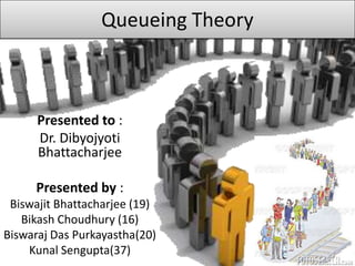 Queueing Theory

Presented to :
Dr. Dibyojyoti
Bhattacharjee
Presented by :
Biswajit Bhattacharjee (19)
Bikash Choudhury (16)
Biswaraj Das Purkayastha(20)
Kunal Sengupta(37)

 