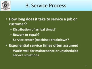 3. Service Process
• How long does it take to service a job or
customer?
– Distribution of arrival times?
– Rework or repair?
– Service center (machine) breakdown?

• Exponential service times often assumed
– Works well for maintenance or unscheduled
service situations
17

 