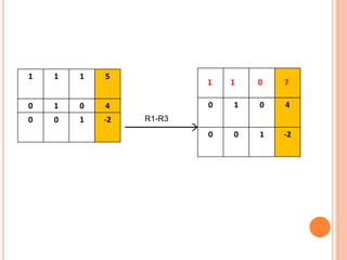 1 1 1 5
0 1 0 4
0 0 1 -2
0 1 0 4
0 0 1 -2
1 1 0 7
R1-R3
 