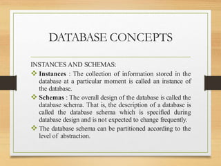 DATABASE CONCEPTS
INSTANCES AND SCHEMAS:
 Instances : The collection of information stored in the
database at a particular moment is called an instance of
the database.
 Schemas : The overall design of the database is called the
database schema. That is, the description of a database is
called the database schema which is specified during
database design and is not expected to change frequently.
 The database schema can be partitioned according to the
level of abstraction.
 