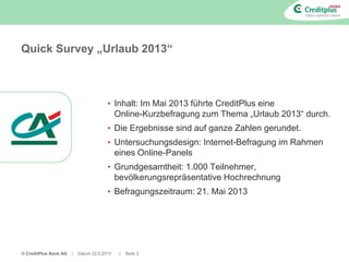 © CreditPlus Bank AG | Datum 22.5.2013 | Seite 2
Quick Survey „Urlaub 2013“
• Inhalt: Im Mai 2013 führte CreditPlus eine
Online-Kurzbefragung zum Thema „Urlaub 2013“ durch.
• Die Ergebnisse sind auf ganze Zahlen gerundet.
• Untersuchungsdesign: Internet-Befragung im Rahmen
eines Online-Panels
• Grundgesamtheit: 1.000 Teilnehmer,
bevölkerungsrepräsentative Hochrechnung
• Befragungszeitraum: 21. Mai 2013
 