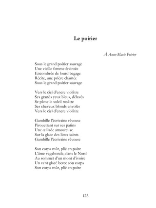 Le poirier

                                      À Anne-Marie Poirier

Sous le grand poirier sauvage
Une vieille femme éreintée
Encombrée de lourd bagage
Récite, une prière chantée
Sous le grand poirier sauvage

Vers le ciel d’encre violâtre
Ses grands yeux bleus, délavés
Se pâme le soleil rosâtre
Ses cheveux blonds envolés
Vers le ciel d’encre violâtre

Gambille l’écrivaine rêveuse
Pirouettant sur ses patins
Une œillade amoureuse
Sur la glace des lieux saints
Gambille l’écrivaine rêveuse

Son corps mûr, plié en poire
L’âme vagabonde, dans le Nord
Au sommet d’un mont d’ivoire
Un vent glacé berce son corps
Son corps mûr, plié en poire




                                123
 