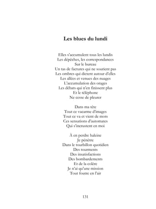 Les blues du lundi

 Elles s’accumulent tous les lundis
 Les dépêches, les correspondances
            Sur le bureau
Un tas de factures qui ne sourient pas
Les ombres qui dictent autour d’elles
   Les allées et venues des nuages
     L’accumulation des orages
  Les débats qui n’en finissent plus
           Et le téléphone
         Ne cesse de pleurer

            Dans ma tête
     Tout ce vacarme d’images
     Tout ce va et vient de mots
     Ces sensations d’automates
      Qui s’incrustent en moi

       À en perdre haleine
             Je pénètre
    Dans le tourbillon quotidien
          Des tourments
        Des insatisfactions
       Des bombardements
          Et de la colère
      Je n’ai qu’une mission
        Tout foutre en l’air




                 131
 