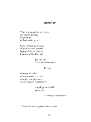 Asnelles1

Voici la mer qui bat son plein,
érodant au passage
les pontons
de la dernière guerre.

Cette rumeur qu’elle écrit
et qui s’en vient remplir
la page claire de l’instant
lui est soufflée, bien sûr,

                     par son allié
                     d’immémoriales joutes,

                                le vent.

Et nous, les déliés
de son message entêtant,
d’un pas lent et pensif,
nous longeons sa splendeur –

                     coquillage de l’oreille
                     grand ouvert

                                à sa victoire inexorable.



1   Village situé sur les plages du Débarquement.



                                     155
 