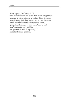 Livre 18




 si loin que nous n’apercevons
 que le mouvement des lèvres dans notre imagination,
 comme je n’aperçois seul le parfum d’une présence
 dans le coup d’air d’un passant sur le pavé inconnu
 et un jouet mobile crée des bulles de savon
 propulsant le temps en couleurs d’arcs-en-ciel
 et c’est comme si tu parlais encore
 en ignorant le miel et le poivre,
 dans le choix de tes mots.




                            206
 