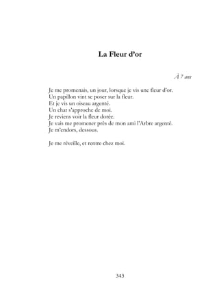La Fleur d’or

                                                           À 7 ans

Je me promenais, un jour, lorsque je vis une fleur d’or.
Un papillon vint se poser sur la fleur.
Et je vis un oiseau argenté.
Un chat s’approche de moi.
Je reviens voir la fleur dorée.
Je vais me promener près de mon ami l’Arbre argenté.
Je m’endors, dessous.

Je me réveille, et rentre chez moi.




                              343
 