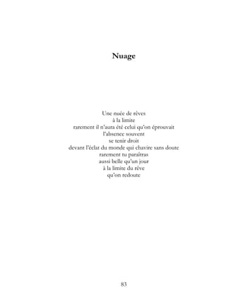 Nuage




               Une nuée de rêves
                      à la limite
  rarement il n’aura été celui qu’on éprouvait
                l’absence souvent
                    se tenir droit
devant l’éclat du monde qui chavire sans doute
              rarement tu paraîtras
              aussi belle qu’un jour
                à la limite du rêve
                   qu’on redoute




                     83
 