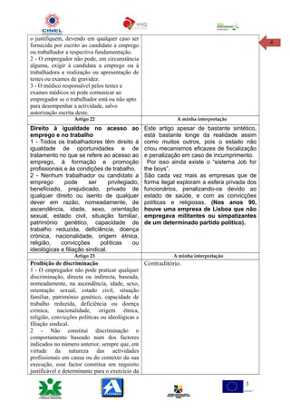 4
o justifiquem, devendo em qualquer caso ser
fornecida por escrito ao candidato a emprego
ou trabalhador a respectiva fundamentação.
2 - O empregador não pode, em circunstância
alguma, exigir à candidata a emprego ou à
trabalhadora a realização ou apresentação de
testes ou exames de gravidez.
3 - O médico responsável pelos testes e
exames médicos só pode comunicar ao
empregador se o trabalhador está ou não apto
para desempenhar a actividade, salvo
autorização escrita deste.
Artigo 22 A minha interpretação
Direito à igualdade no acesso ao
emprego e no trabalho
1 - Todos os trabalhadores têm direito à
igualdade de oportunidades e de
tratamento no que se refere ao acesso ao
emprego, à formação e promoção
profissionais e às condições de trabalho.
2 - Nenhum trabalhador ou candidato a
emprego pode ser privilegiado,
beneficiado, prejudicado, privado de
qualquer direito ou isento de qualquer
dever em razão, nomeadamente, de
ascendência, idade, sexo, orientação
sexual, estado civil, situação familiar,
património genético, capacidade de
trabalho reduzida, deficiência, doença
crónica, nacionalidade, origem étnica,
religião, convicções políticas ou
ideológicas e filiação sindical.
Este artigo apesar de bastante sintético,
está bastante longe da realidade assim
como muitos outros, pois o estado não
criou mecanismos eficazes de fiscalização
e penalização em caso de incumprimento.
Por isso ainda existe o “sistema Job for
the boys”.
São cada vez mais as empresas que de
forma ilegal exploram a esfera privada dos
funcionários, penalizando-os devido ao
estado de saúde, e com as convicções
políticas e religiosas. (Nos anos 90,
houve uma empresa de Lisboa que não
empregava militantes ou simpatizantes
de um determinado partido politico).
Artigo 23 A minha interpretação
Proibição de discriminação
1 - O empregador não pode praticar qualquer
discriminação, directa ou indirecta, baseada,
nomeadamente, na ascendência, idade, sexo,
orientação sexual, estado civil, situação
familiar, património genético, capacidade de
trabalho reduzida, deficiência ou doença
crónica, nacionalidade, origem étnica,
religião, convicções políticas ou ideológicas e
filiação sindical.
2 - Não constitui discriminação o
comportamento baseado num dos factores
indicados no número anterior, sempre que, em
virtude da natureza das actividades
profissionais em causa ou do contexto da sua
execução, esse factor constitua um requisito
justificável e determinante para o exercício da
Contraditório.
3
 