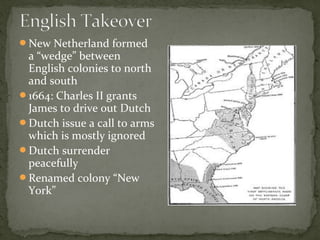 New Netherland formed
a “wedge” between
English colonies to north
and south
1664: Charles II grants
James to drive out Dutch
Dutch issue a call to arms
which is mostly ignored
Dutch surrender
peacefully
Renamed colony “New
York”
 