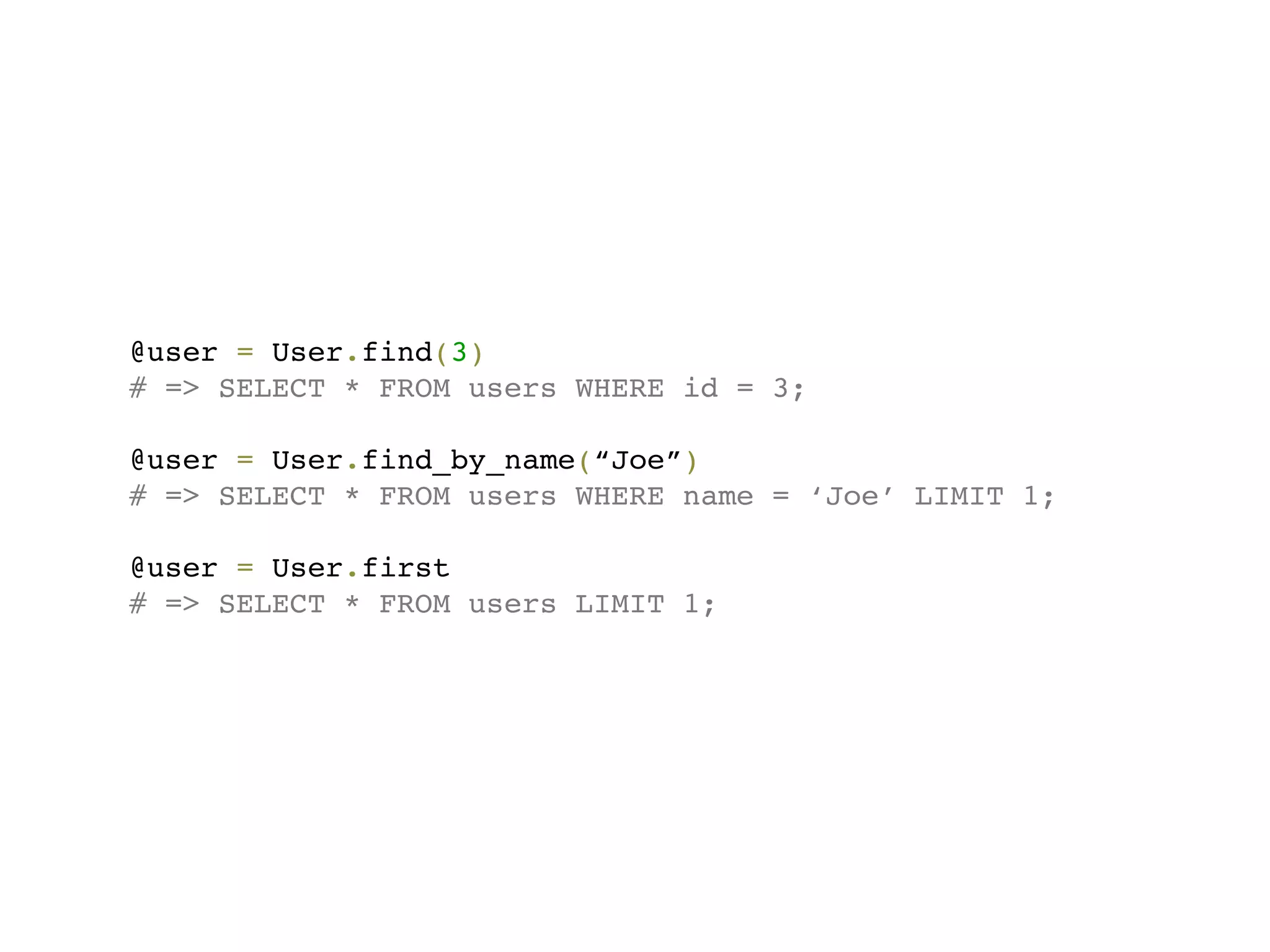 @user = User.find(3)
# => SELECT * FROM users WHERE id = 3;

@user = User.find_by_name(“Joe”)
# => SELECT * FROM users WHERE name = ‘Joe’ LIMIT 1;

@user = User.first
# => SELECT * FROM users LIMIT 1;
 