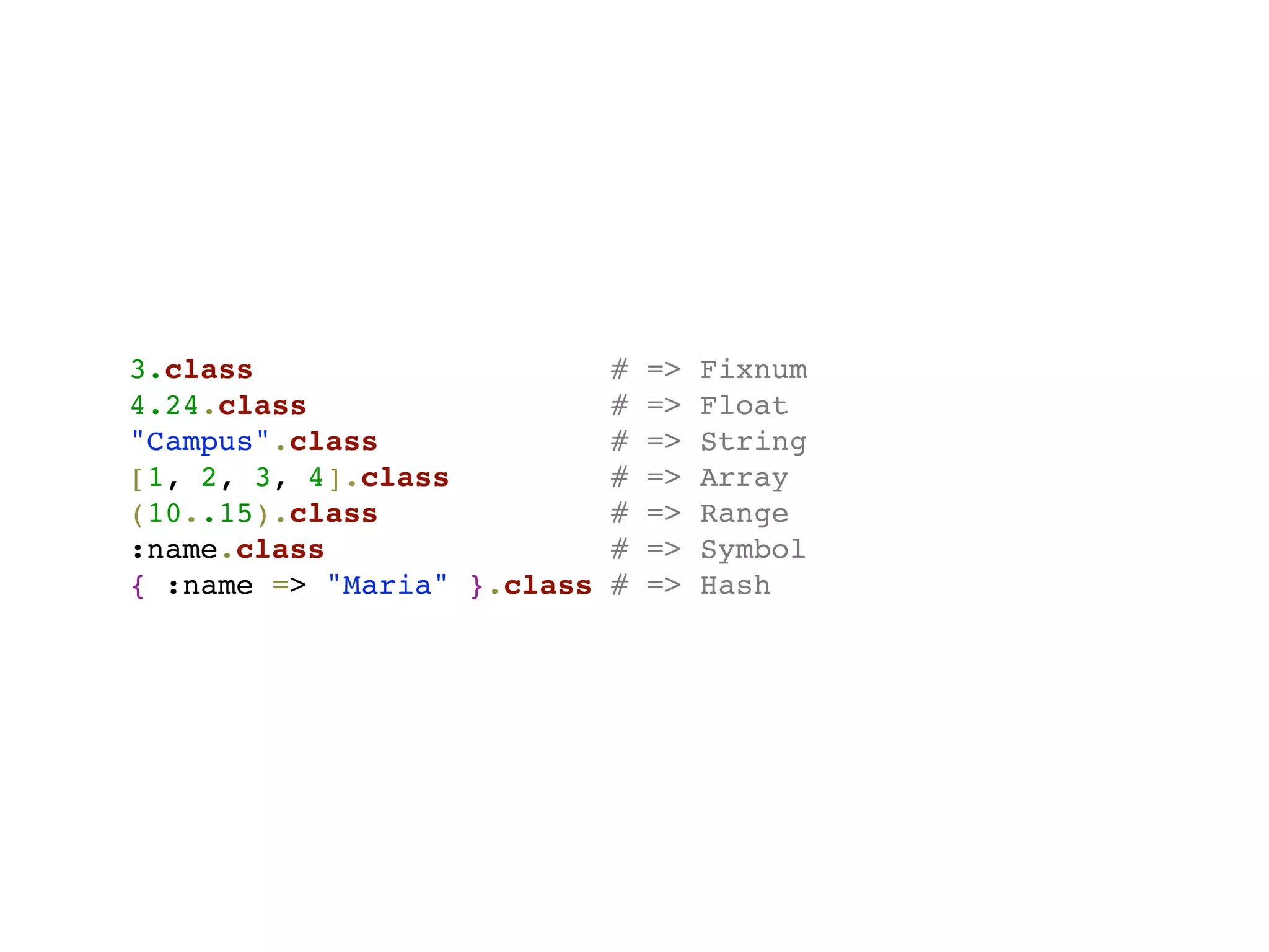3.class                      #   =>   Fixnum
4.24.class                   #   =>   Float
"Campus".class               #   =>   String
[1, 2, 3, 4].class           #   =>   Array
(10..15).class               #   =>   Range
:name.class                  #   =>   Symbol
{ :name => "Maria" }.class   #   =>   Hash
 