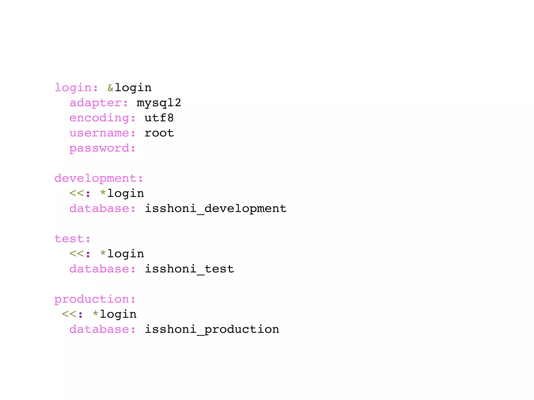 login: &login
  adapter: mysql2
  encoding: utf8
  username: root
  password:

development:
  <<: *login
  database: isshoni_development

test:
  <<: *login
  database: isshoni_test

production:
 <<: *login
  database: isshoni_production
 