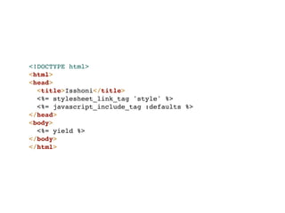 <!DOCTYPE html>
<html>
<head>
  <title>Isshoni</title>
  <%= stylesheet_link_tag 'style' %>
  <%= javascript_include_tag :defaults %>
</head>
<body>
  <%= yield %>
</body>
</html>
 