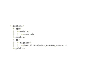 +-isshoni/
  +-app/
  | +-models/
  | | +-user.rb
  +-config/
  +-db/
  | +-migrate/
  | | +-201107211030001_create_users.rb
  +-public/
 