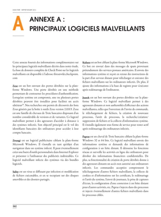 CHECK POINT - RAPPORT SÉCURITÉ 2013
042
A
Cette annexe fournit des informations complémentaires sur
les principaux logiciels malveillants décrits dans notre étude.
La base de données complète de Check Point sur les logiciels
malveillants est disponible à l'adresse threatwiki.checkpoint.
com
Zeus est un bot ouvrant des portes dérobées sur la plate-
forme Windows. Une porte dérobée est une méthode
permettant de contourner les procédures d'authentification.
Lorsqu'un système est compromis, une ou plusieurs portes
dérobées peuvent être installées pour faciliter un accès
ultérieur29
. Nos recherches ont permis de découvrir des bots
Zeus générés par la boîte à outils Zeus version 2.0.8.9. Zeus
est une famille de chevaux de Troie bancaires disposant d'un
nombre considérable de versions et de variantes. Ce logiciel
malveillant permet à des agresseurs d'accéder à distance à
des systèmes infectés. Son objectif principal est le vol des
identifiants bancaires des utilisateurs pour accéder à leur
compte bancaire.
Zwangi est un logiciel publicitaire ciblant la plate-forme
Microsoft Windows. Il s'installe en tant qu'objet d'un
navigateur dans un système infecté. Il peut éventuellement
créerunebarred'outilspersonnaliséedansInternetExplorer
et présenter à l'utilisateur des publicités indésirables. Ce
logiciel malveillant infecte des systèmes via des bundles
logiciels.
Sality est un virus se diffusant par infection et modification
de fichiers exécutables, et en se recopiant sur des disques
amovibles et des dossiers partagés.
Kuluoz estunbotciblantlaplate-formeMicrosoftWindows.
Ce bot est envoyé dans des messages de spam provenant
prétendument des services postaux américains. Il envoie des
informations système et reçoit en retour des instructions de
la part d'un serveur distant pour télécharger et exécuter des
fichiers malveillants sur les ordinateurs infectés. De plus, il
ajoute des informations à la base de registre pour s'exécuter
après redémarrage de l'ordinateur.
Juasek est un bot ouvrant des portes dérobées sur la plate-
forme Windows. Ce logiciel malveillant permet à des
agresseurs distants et non authentifiés d'effectuer des actions
malveillantes, telles que l'ouverture de l'invite de commande,
le téléchargement de fichiers, la création de nouveaux
processus, l'arrêt de processus, la recherche/création/
suppression de fichiers et la collecte d'informations système.
Il s'installe également sous forme de service pour rester actif
après redémarrage des ordinateurs infectés.
Papras est un cheval de Troie bancaire ciblant la plate-forme
Windows 32 et 64 bits. Ce logiciel malveillant envoie des
informations système et demande des informations de
configuration à un hôte distant. Il détourne les fonctions
réseau et surveille les activités en ligne des utilisateurs pour
dérober des informations financières confidentielles. De
plus, sa fonctionnalité de création de porte dérobée donne à
des agresseurs distants un accès non autorisé aux ordinateurs
infectés. Les commandes acceptées comprennent le
téléchargement d'autres fichiers malveillants, la collecte de
cookies et d'informations sur les certificats, le redémarrage
et l'arrêt du système, l'envoi de journaux, la prise de captures
d'écran, la configuration d'une connexion à un hôte distant
pour d'autres activités, etc. Papras s'injecte dans des processus
et injecte éventuellement d'autres fichiers malveillants dans
les processus ciblés.
ANNEXE A :
PRINCIPAUX LOGICIELS MALVEILLANTS
 