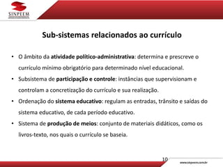10
Sub-sistemas relacionados ao currículo
• O âmbito da atividade político-administrativa: determina e prescreve o
currículo mínimo obrigatório para determinado nível educacional.
• Subsistema de participação e controle: instâncias que supervisionam e
controlam a concretização do currículo e sua realização.
• Ordenação do sistema educativo: regulam as entradas, trânsito e saídas do
sistema educativo, de cada período educativo.
• Sistema de produção de meios: conjunto de materiais didáticos, como os
livros-texto, nos quais o currículo se baseia.
 