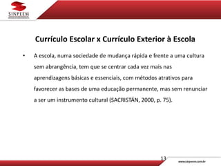 13
Currículo Escolar x Currículo Exterior à Escola
• A escola, numa sociedade de mudança rápida e frente a uma cultura
sem abrangência, tem que se centrar cada vez mais nas
aprendizagens básicas e essenciais, com métodos atrativos para
favorecer as bases de uma educação permanente, mas sem renunciar
a ser um instrumento cultural (SACRISTÁN, 2000, p. 75).
 