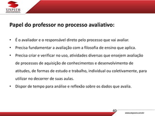 40
Papel do professor no processo avaliativo:
• É o avaliador e o responsável direto pelo processo que vai avaliar.
• Precisa fundamentar a avaliação com a filosofia de ensino que aplica.
• Precisa criar e verificar no uso, atividades diversas que ensejem avaliação
de processos de aquisição de conhecimentos e desenvolvimento de
atitudes, de formas de estudo e trabalho, individual ou coletivamente, para
utilizar no decorrer de suas aulas.
• Dispor de tempo para análise e reflexão sobre os dados que avalia.
 