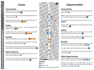 UC Berkeley • Spring 2010
CP 218 Transportation Planning Studio

                                                                          Issues                                                                                                                                                    [                          Opportunities
                                                   Connectivity                                                                                                                                                                                    Connectivity
                                                   High trafﬁc volumes, high vehicle speeds, and a wide right-                                                                                                                                     The Ashby BART station attracts a high share of cyclists and
                                                   of-way hinder connectivity. CW                                                                                                                                                                  pedestrians. A




                                                                                                                                              MIL
                                                                                                                                                 VIA
                                                                                                                                                   ST
                                                                                                                                                   T
                                                                                                                                                                              2
                                                                                                                                               TS
                                                   The west Ashby BART parking lot blocks pedestrian and                                AR
                                                                                                                                                                                                                                                   Adeline’s right-of-way is wide enough to accommodate all




                                                                                                                                                                                                           SHA
                                                                                                                                     STU
                                                                                                                                                                                                   D




                                                                                                                                                                                                              T TU
                                                   cyclist movement. 1                                                                                                    B                                                                        users with little impact to auto level of service. CW




                                                                                                                                                                                                                 CK
                                                                                                                                                            ST
                                                                                                                                                       ON
                                                                                                                                                                                                   C




                                                                                                                                                                                                                  AVE
                                                                                                                                                 EG
                                                                                                                                              OR


                                                   Gaps in the bicycle network create potential conﬂict points                                                  ST
                                                                                                                                                                              E                                            9
                                                                                                                                                                                                                                                   The study area is well served by east-west bicycle routes.




                                                                                                                     MA
                                                                                                                                                             LL
                                                                                                                                                          SSE
                                                   between drivers and cyclists. CW 3 4                                                                 RU                                                                                         B   C   I




                                                                                                                      RTIN
                                                                                                                                                                                                                         VE
                                                                                                                                                                                                                       YA




                                                                                                                          LUT
                                                                                                                                                                                                                 B
                                                                                                                                                                                                             ASH




                                                                                                                              H
                                                                                                                             ER K
                                                                                                                                                                                                                                                   Adeline’s wide sidewalks can accommodate a large amount
                                                   Safety                                                                                                                            3                                        ST




                                                                                                                                  ING
                                                                                                                                                                                                                        ON
                                                                                                                                                                                                                     ERS
                                                                                                                                                                          F                                   EM                                   of pedestrians. CW




                                                                                                                                    JR. W
                                                   Pedestrian and cyclist safety is a concern throughout the




                                                                                                                                         AY
                                                                                                                                                                                                                              ST
                                                   Adeline corridor. CW 6                                                                                                                                            ESS
                                                                                                                                                                                                                         EX

                                                                                                                                 VE                                                                                                                Safety
    OLD ROAD, NEW DIRECTIONS: A PLAN FOR ADELINE




                                                                                                                      ASH
                                                                                                                             B YA                           1 A




                                                                                                                                                                                  ADELINE ST
                                                   Unsafe intersections discourage pedestrians and BART                                                                                                                                            Reducing long trafﬁc signal cycles could reduce vehicle
                                                                                                                                                                                                                                              ST
                                                   riders from visiting local businesses. CW 3 4 8                                                                                                 H                                 OL
                                                                                                                                                                                                                                        SEY
                                                                                                                                                                                                                                                   speeds while making crossings easier. CW
                                                                                                                                                                                                                                   WO



                                                                                                                                                                                                       I
                                                                                                                                                                                                                                                   There is room to introduce trafﬁc calming measures that
                                                   Activity                                                                                                                                                                                        promote pedestrian and cyclist safety. CW
                                                   Public and sidewalk spaces are underused.   CW   2   5   7                                                                 4
                                                                                                                                                                                               5
                                                   An adjacent shopping district along Shattuck competes                                                                      6                                                                    Activity
                                                   with Adeline for pedestrian trafﬁc. 9                                                                                                                                                           The study area features major attractors that draw large
                                                                                                                                 VIE
                                                                                                                                     W   ST                          J
                                                                                                                          FAIR
                                                                                                                                                                                                                           VE                      number of non-motorized trips to Adeline. A D H
                                                                                                                                                                                                                     A   ZA
                                                   Some neighborhood residents and ﬂea market patrons fear                                                                                                       ATR
                                                                                                                       KIN




                                                                                                                                                                                               7           ALC
                                                                                                                          GS




                                                                                                                                              S    T
                                                                                                                                           ON
                                                                                                                             T




                                                                                                                                         RM
                                                   gentriﬁcation and displacement due to redevelopment. CW                         HA
                                                                                                                                                                                                                                                   The area is part of the Ashby/Adeline Arts District.   CW

                                                                                                                                                                              G
                                                                                                                                                                                                                                                   The BART parking lot is a good site for compact, mixed-use
                                                   Other Concerns                                                                                                                                                                                  development. A
                                                                                                                                                                     ST
                                                   BART’s parking replacement policy drives up the cost of                                                  63R
                                                                                                                                                                 D
                                                                                                                                                                                     8
                                                   station area development. 1
                                                                                                                                                                                                                                                   Other Opportunities
                                                   The study area contains several antique and furnishing                                                                                                                                          Historic buildings and similar streetscape design can be
                                                                                                                                                                                                                  ML




                                                                                                                 0     200               400                         800
                                                                                                                                                                                                                     KW




                                                                                                                                                                       Feet
                                                   stores that require good automobile access. CW                                                                                                                                                  used to create a common sense of place. E F G J
                                                                                                                                                                                                                       AY




                                                                                                                 Legend
                                                                                                                 1 Issue
                                                                                                                                                                                                                                                   Parking at and adjacent to the Ashby BART station can
                                                                                                                                                                                                                                                   be priced to manage demand and generate funds for
                                                                                                                 A Opportunity
                                                                                                                                                                                                                                                   neighborhood improvements. A
                                                                                                                 CW    Corridor-wide issue/opportunity
 