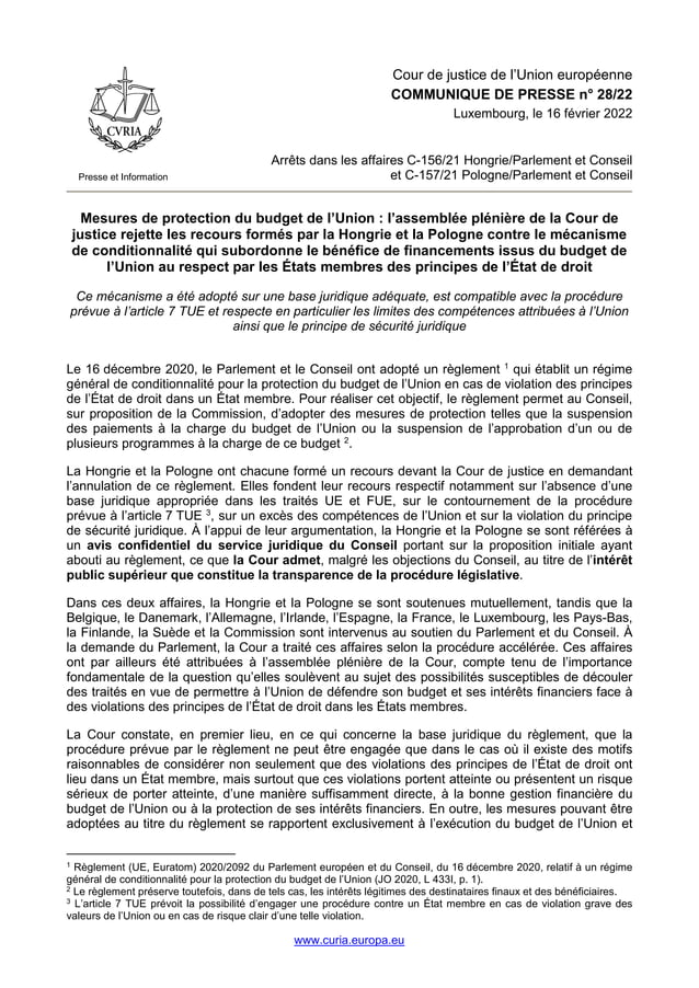 Arrêts de la CJUE contre les recours de la Hongrie et de la Pologne