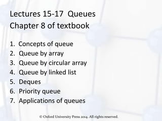 © Oxford University Press 2014. All rights reserved.
Lectures 15-17 Queues
Chapter 8 of textbook
1. Concepts of queue
2. Queue by array
3. Queue by circular array
4. Queue by linked list
5. Deques
6. Priority queue
7. Applications of queues
 