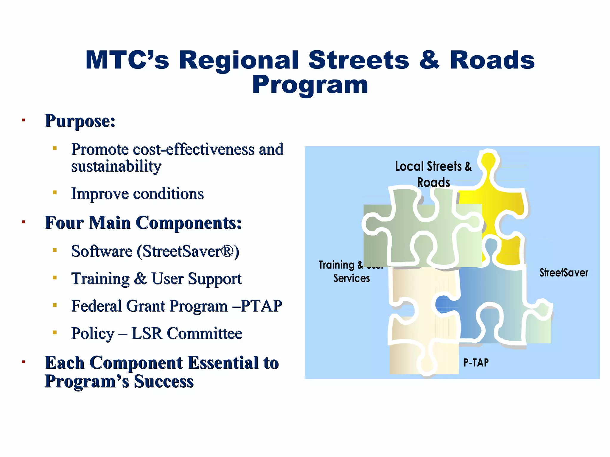 Purpose: Promote cost-effectiveness and sustainability Improve conditions Four Main Components: Software (StreetSaver®)  Training & User Support Federal Grant Program –PTAP Policy – LSR Committee Each Component Essential to Program’s Success  MTC’s Regional Streets & Roads Program 