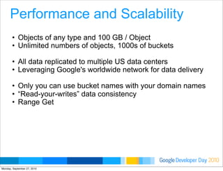 Developer DayGoogle 2010
Performance and Scalability
• Objects of any type and 100 GB / Object
• Unlimited numbers of objects, 1000s of buckets
• All data replicated to multiple US data centers
• Leveraging Google's worldwide network for data delivery
• Only you can use bucket names with your domain names
• “Read-your-writes” data consistency
• Range Get
Monday, September 27, 2010
 